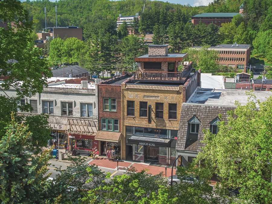 An aerial view of downtown Boone, N.C., with shops and restaurants.