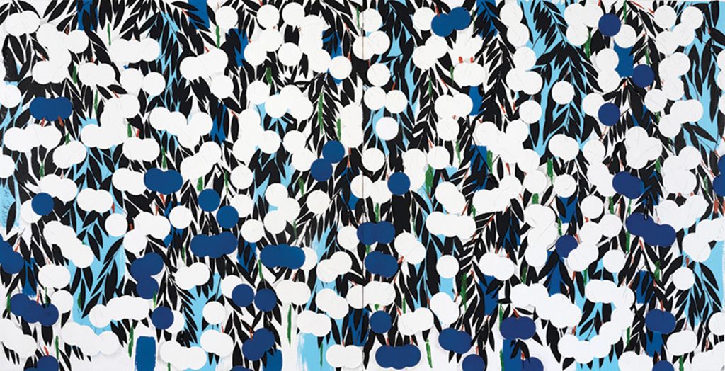 Painting by Donald Sultan titled "Mimosas with Blueberries" that features dark blue and white circles on top of black leaves on a light blue background.