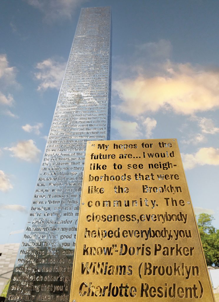 A public art sculpture at Pearl Street Park reflects the old Brooklyn neighborhood's history with quotes from former residents. 