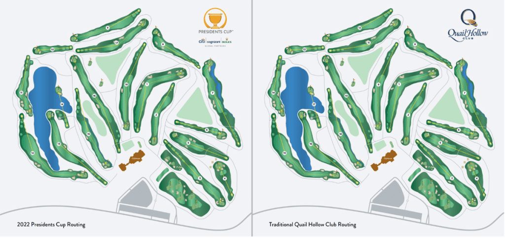 A comparison on how the Quail Hollow Club golf course will be routed during the Presidents Cup.