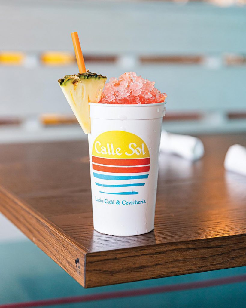 The Stiltsville Special,  a rum punch drink with pineapple and coconut from Calle Sol Latin Cafe and Cevicheria.