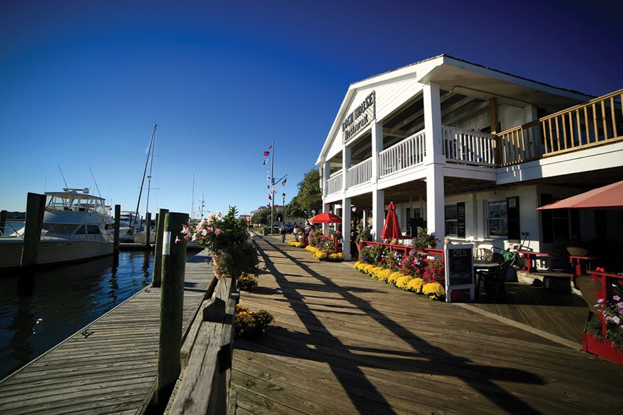 Shops and storefronts along the marina in Beaufort, N.C. in the Southern Outer Banks.