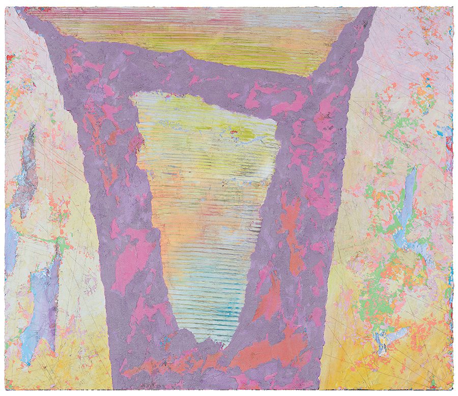Herb Jackson’s abstract painting Liquid Dreams has purple, yellow and pink tones.