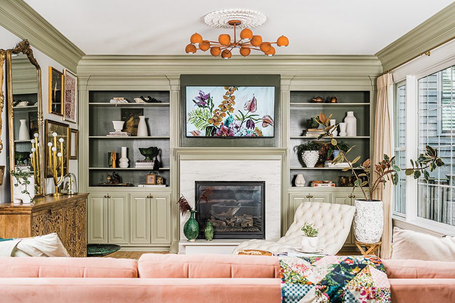 Artist and designer Bari J. Ackerman's family room with blush Joybird sofa