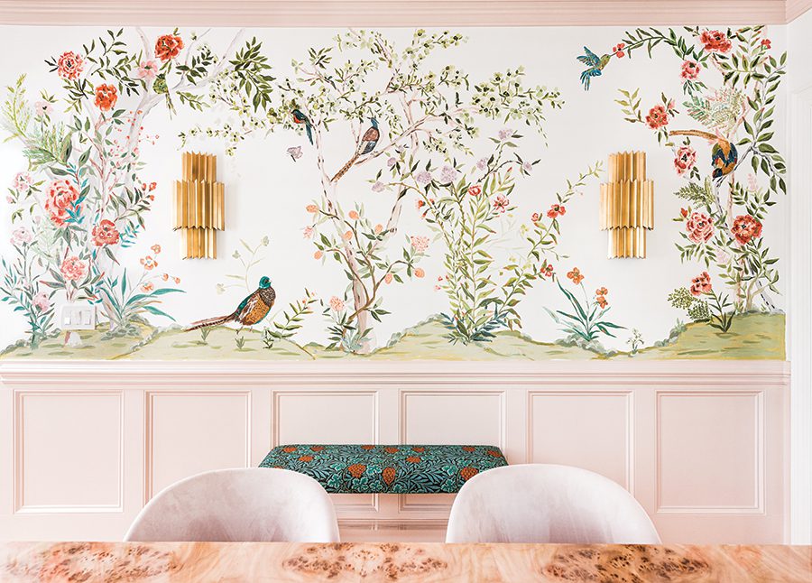 Artist and designer Bari J. Ackerman's dining room with painted botanical mural