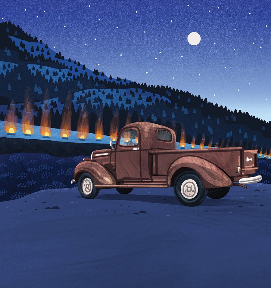 Matthew Shipley's illustration of a truck parked on the mountainside for a short story by Lee Smith. 