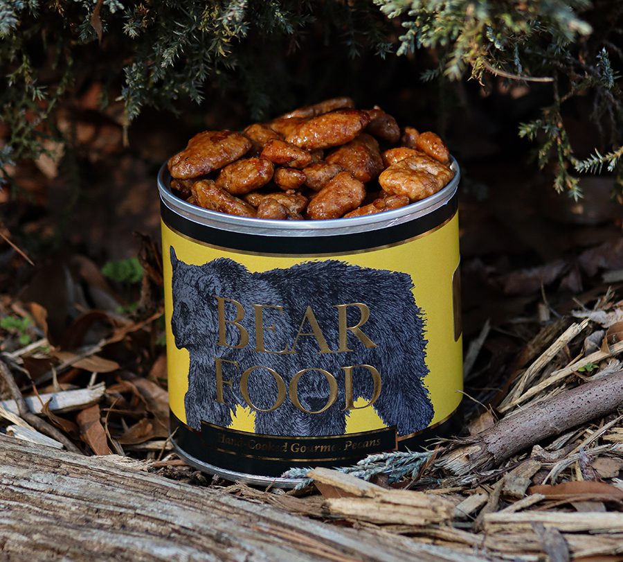 Bear Food brand can of honey toasted gourmet pecans.