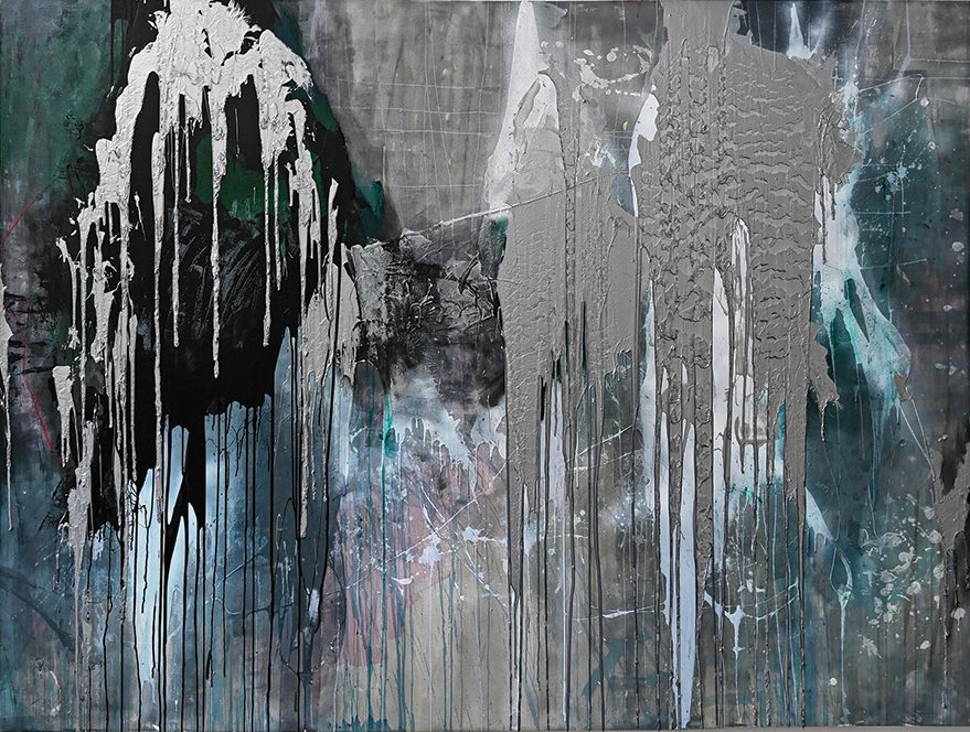 Photo of artist Katherine Boxall's painting. Gray, green, and blue splatters