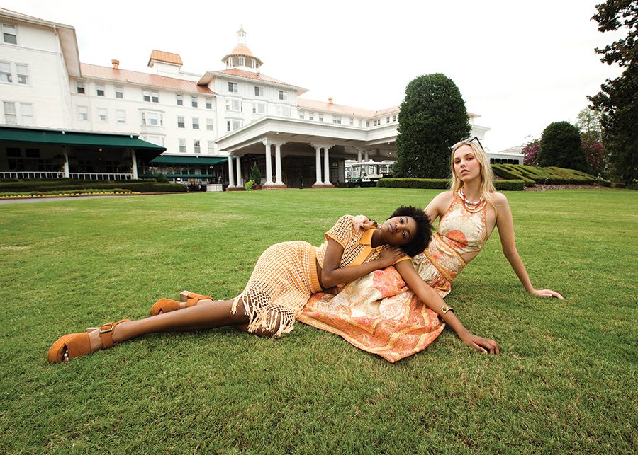 Models Carmen York and Elaine Metcalf, in front of the Carolina Hotel at Pinehurst Resort
