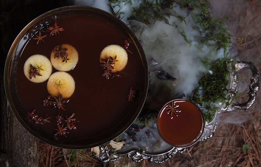 Kill Devil Rum Punch on a decorative silver plate in punch bowl and full glass with star anise garnish. There are spooky vapors in the plate with moss. 