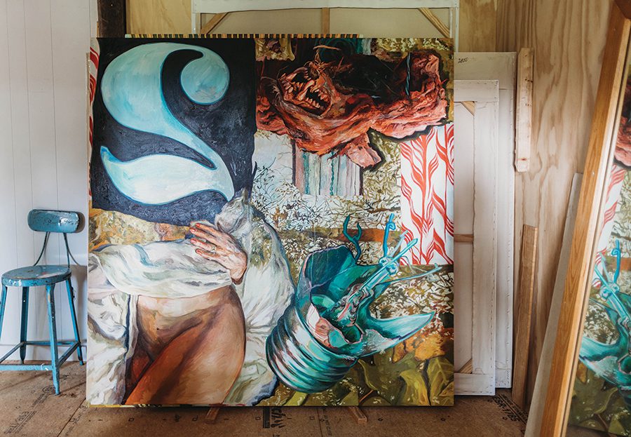 Grammy award winning musician, Scott Avett's painting leaning against the wall in his art studio