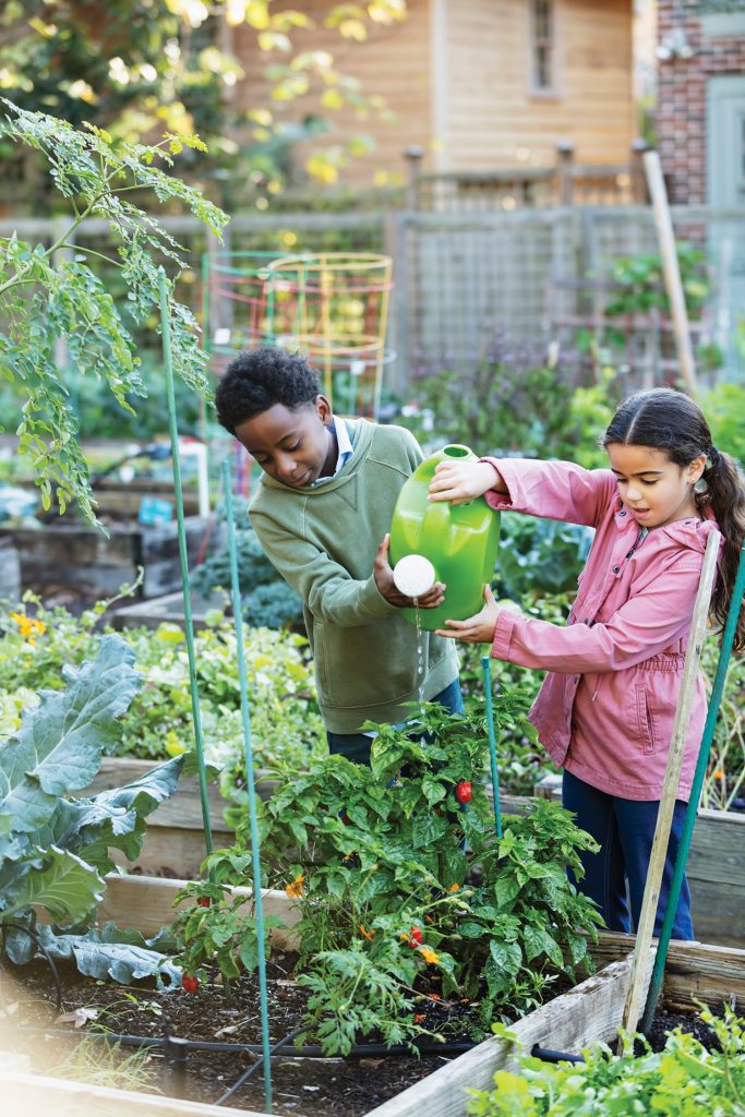 Two students take care of a community garden.