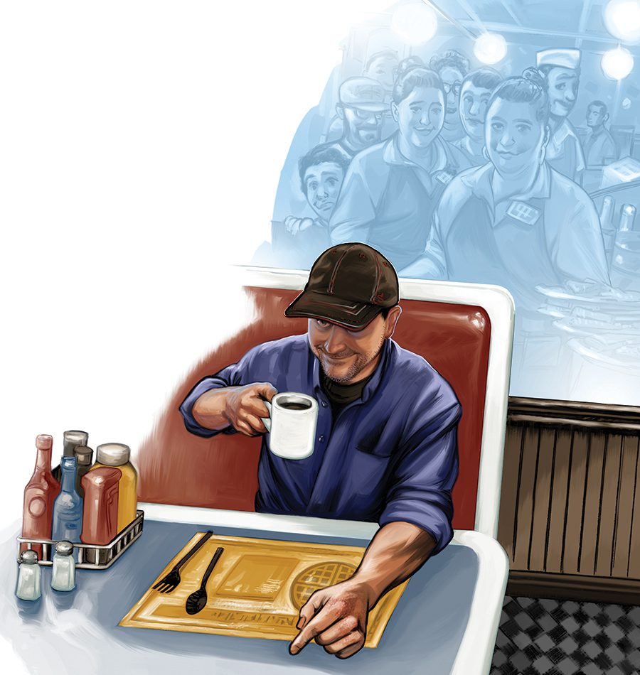 Illustration of a man drinking coffee by Mariano Santillan for a story written by Daniel Wallace.