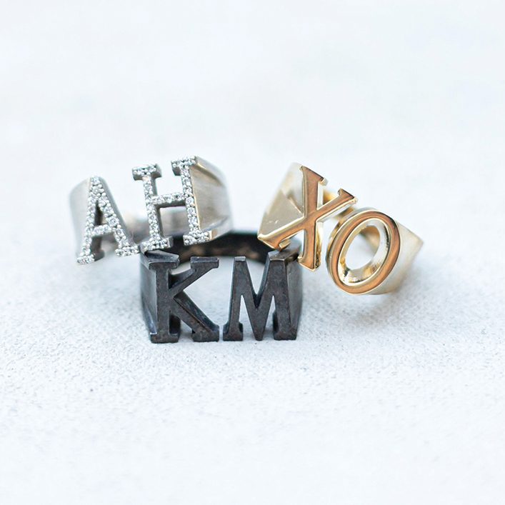 Gold and silver initial rings from Kristin Hayes Jewelry