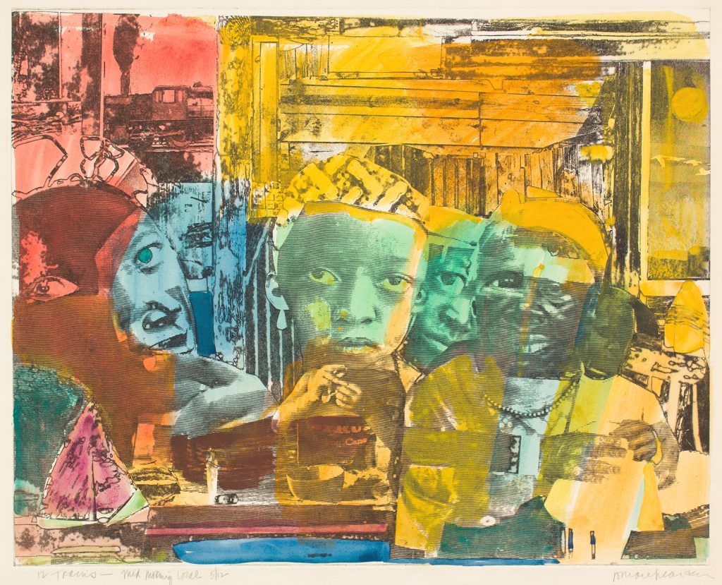 Romare Bearden (1911-1988), 12 TRAINS-MID MORNING LOCAL  1974; photo etching with hand coloring; courtesy: Jerald Melberg Gallery 