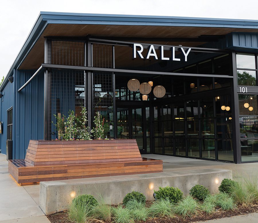 The exterior of Rally, a new pickleball and entertainment venue in Charlotte, has a modern, yet retro look. 