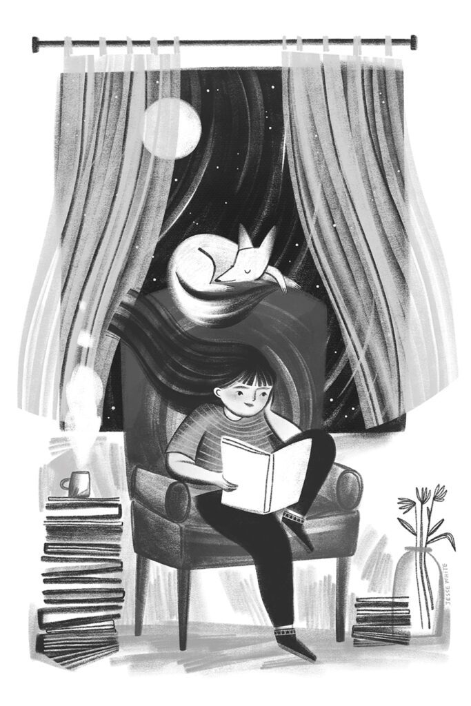 An illustration by Jesse White of a girl reading a book at nighttime.