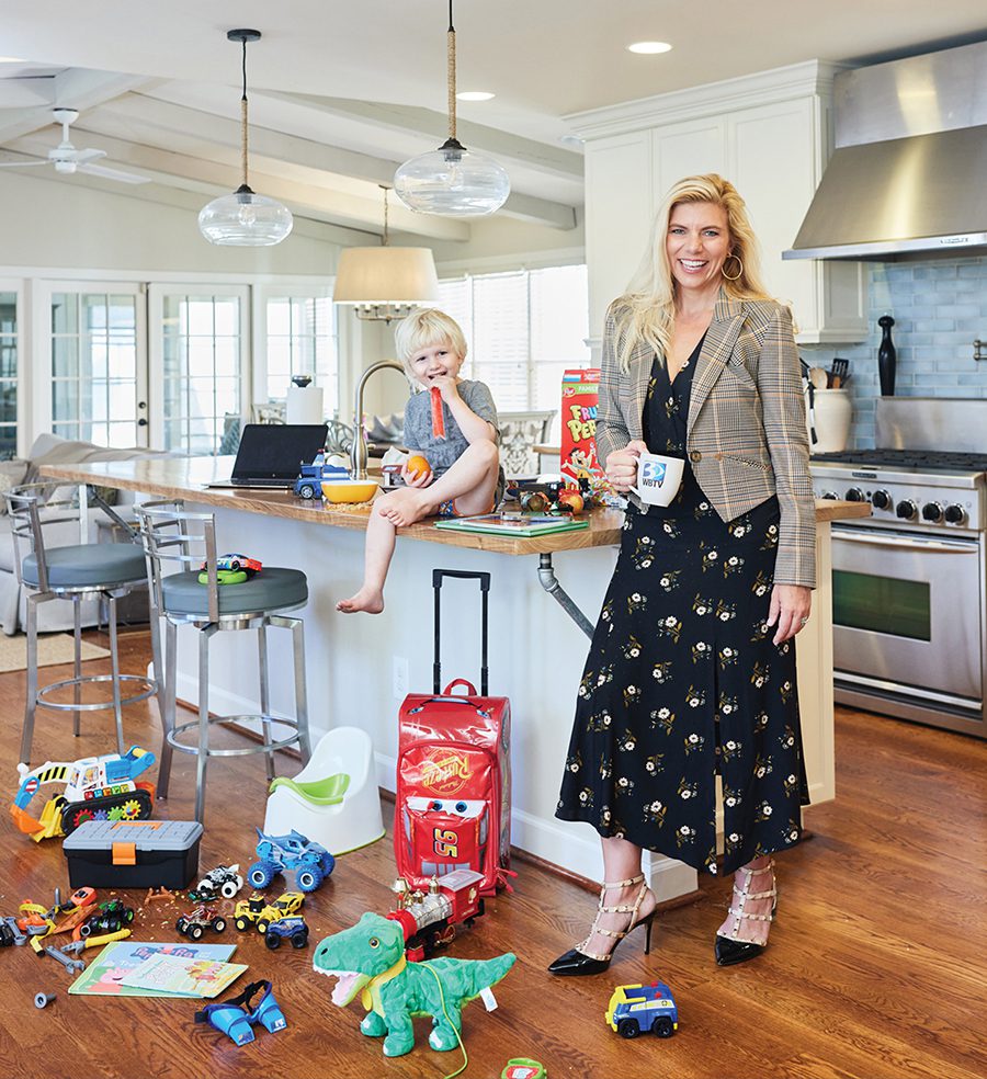 Molly Grantham at home in her kitchen with her son, Hobie.