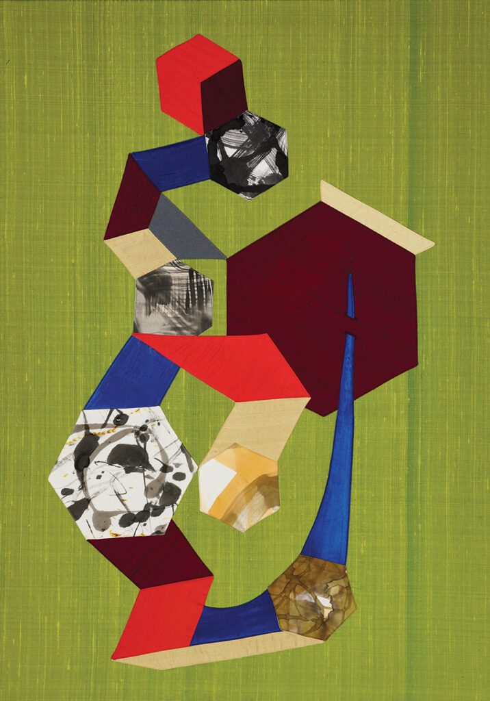 Peridot, 2022, silk, polyester and ink on silk, 40 x 32 in (Sewn by Barbara VnDewoestine); artwork by Chieko Murasugi