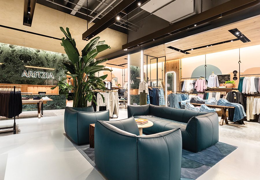 A sitting area inside Aritzia boutique at SouthPark Mall in Charlotte.