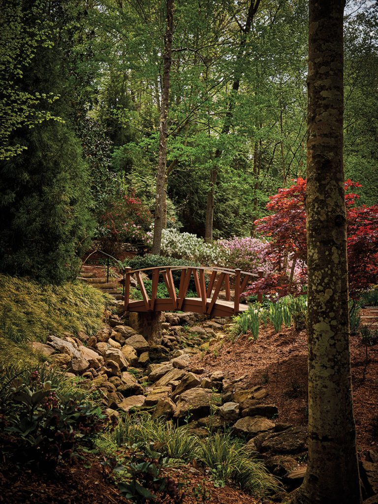A bridge at Serenity Garden photographed by Dustin and Susie Peck in south Charlotte.