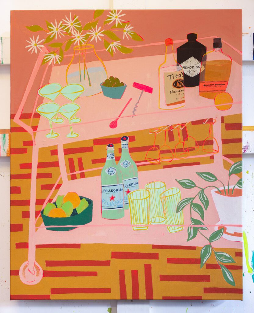 A brightly-colored bar cart painting by artist Bailey Schmidt with pinks, oranges and greens.