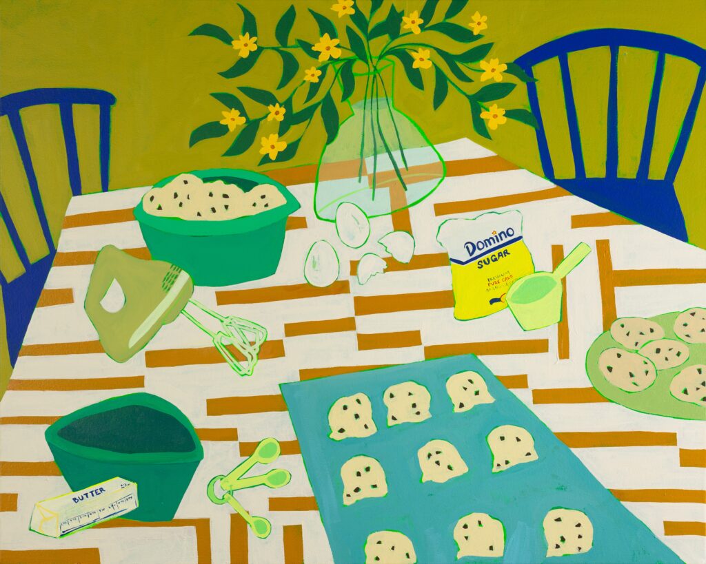 A tablescape painting by artist Bailey Schmidt depicting chocolate chip cookies being baked. 