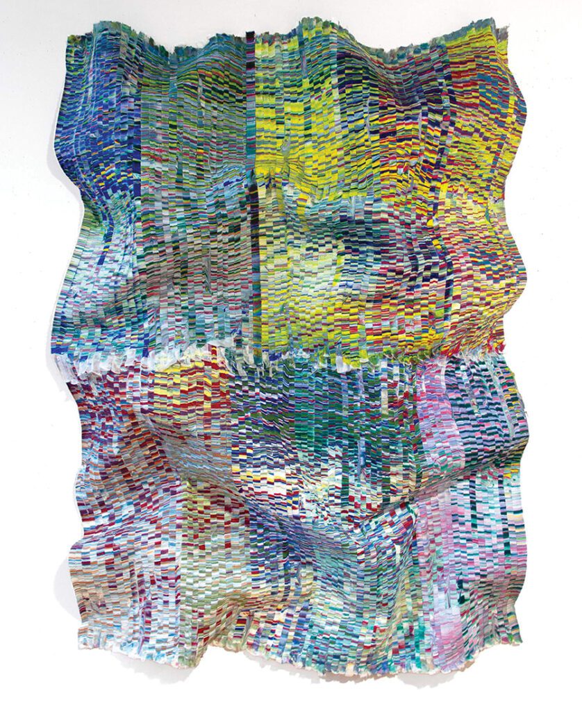 Silk sculptural art by Kenny Nguyen in blues, purples and pinks: art of the Encounter Series.