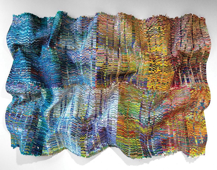 Encounter Series No.5, 2023, Hand-cut silk fabric, acrylic paint, canvas, mounted on wall,72 x 120 in by Kenny Nguyen