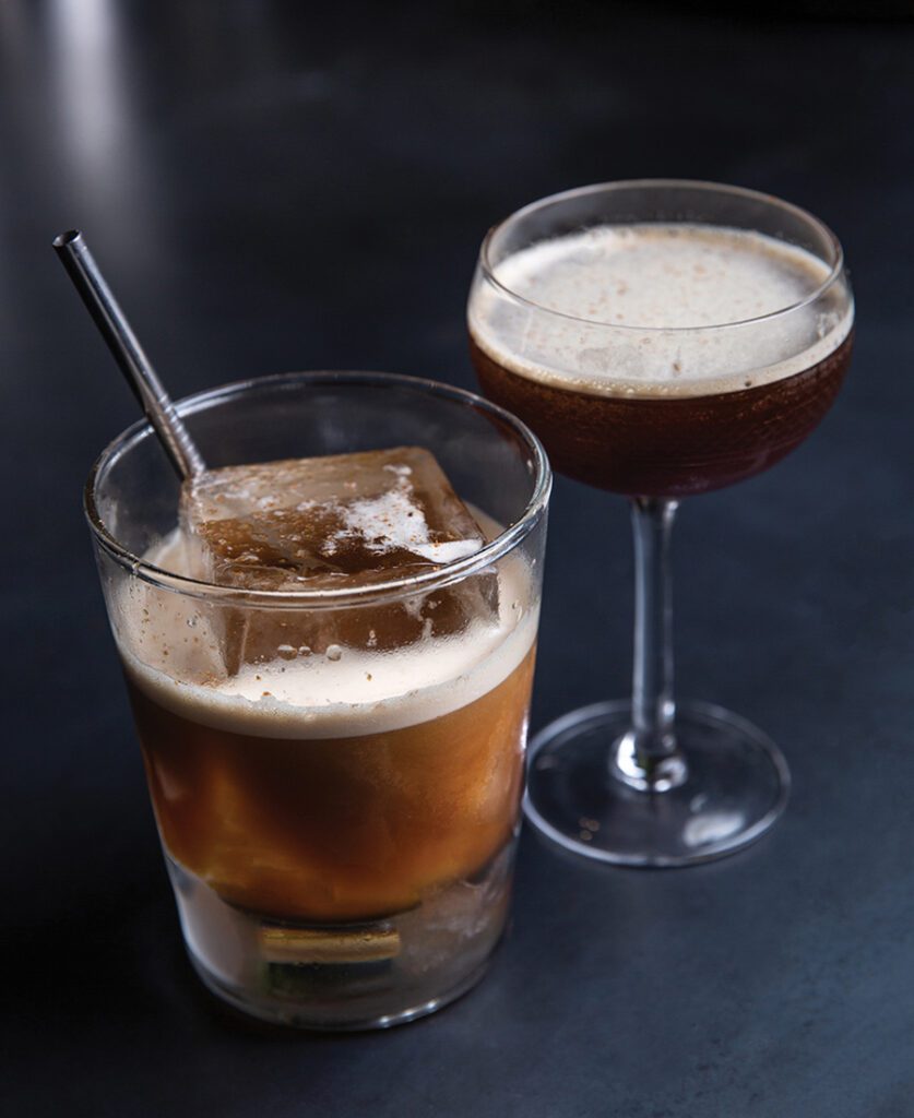 Carajillo, left, is made with Licor 43, espresso, sea salt and grated cinnamon. An espresso martini, right, made with aged rum, espresso, espresso liqueur, lemon oil and cinnamon