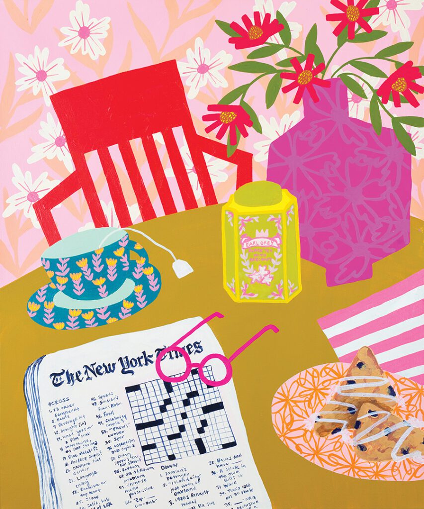 A bright tablescape painting depicting a crossword puzzle on a table with a cup of tea; Sunday Morning Crossword by Bailey Schmidt.