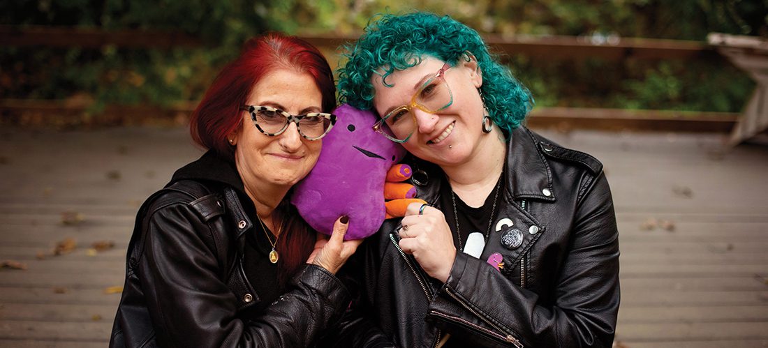 Ruth Ava Lyons, left, and her kidney donor, Krystle Baller, right hold a plush kidney toy
