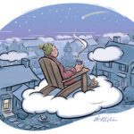 Illustration of a man drinking coffee on a cloud