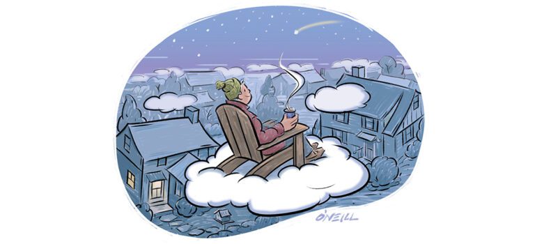 Illustration of a man drinking coffee on a cloud