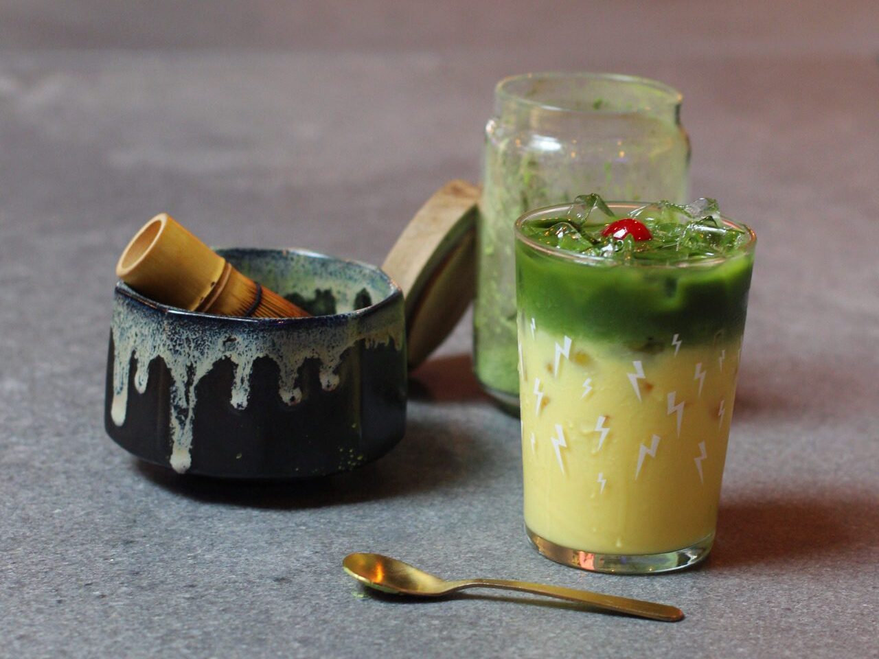 A colorful Pineapple Upside Down Matcha from Resident Culture in Charlotte.