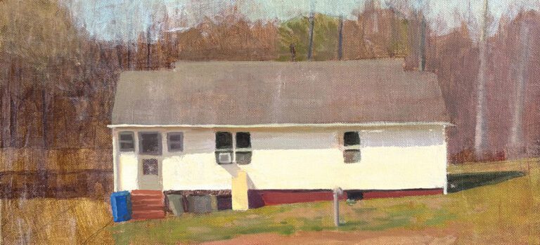 White House From Studio Winter Sunny Morning (2024). Oil and acrylic on canvas. 15.75 x 17.75 in by John Beerman