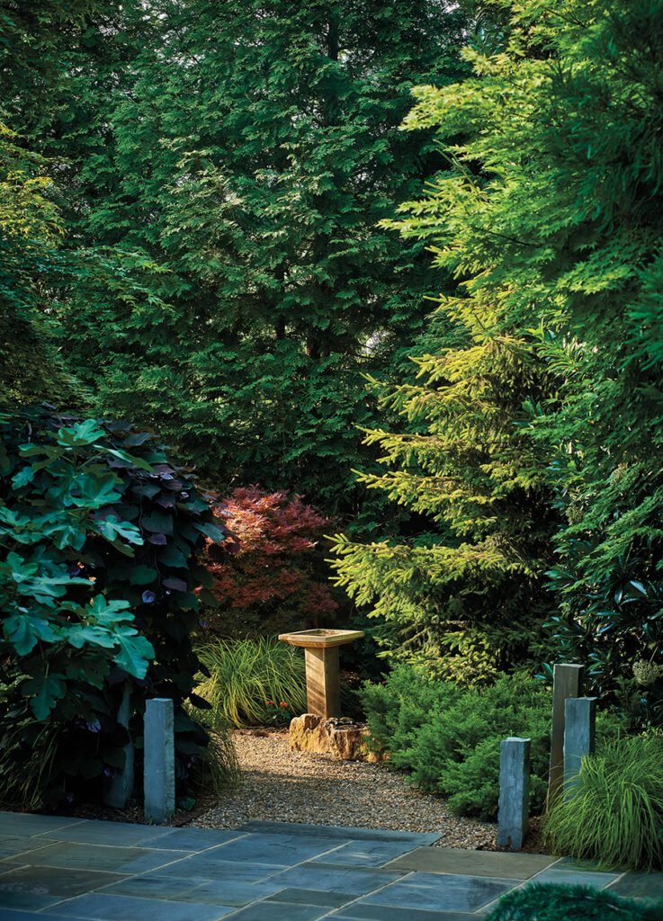 Blair garden stone pillars and birdbath