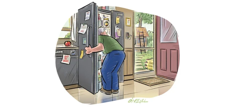 Illustration of Jim Dodson looking through fridge