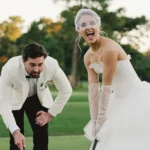 Bride and groom Hayden & William Hendrix playing golf