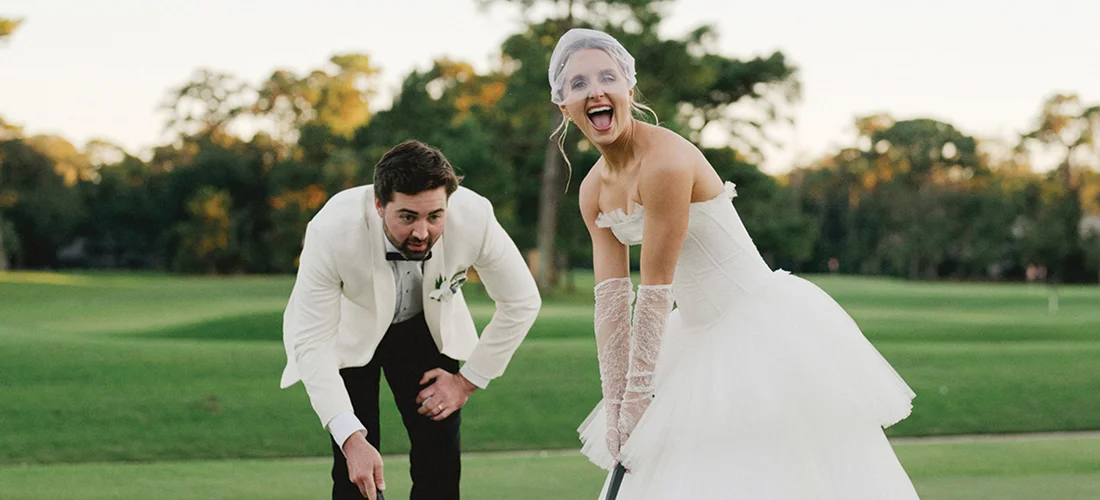 Bride and groom Hayden & William Hendrix playing golf