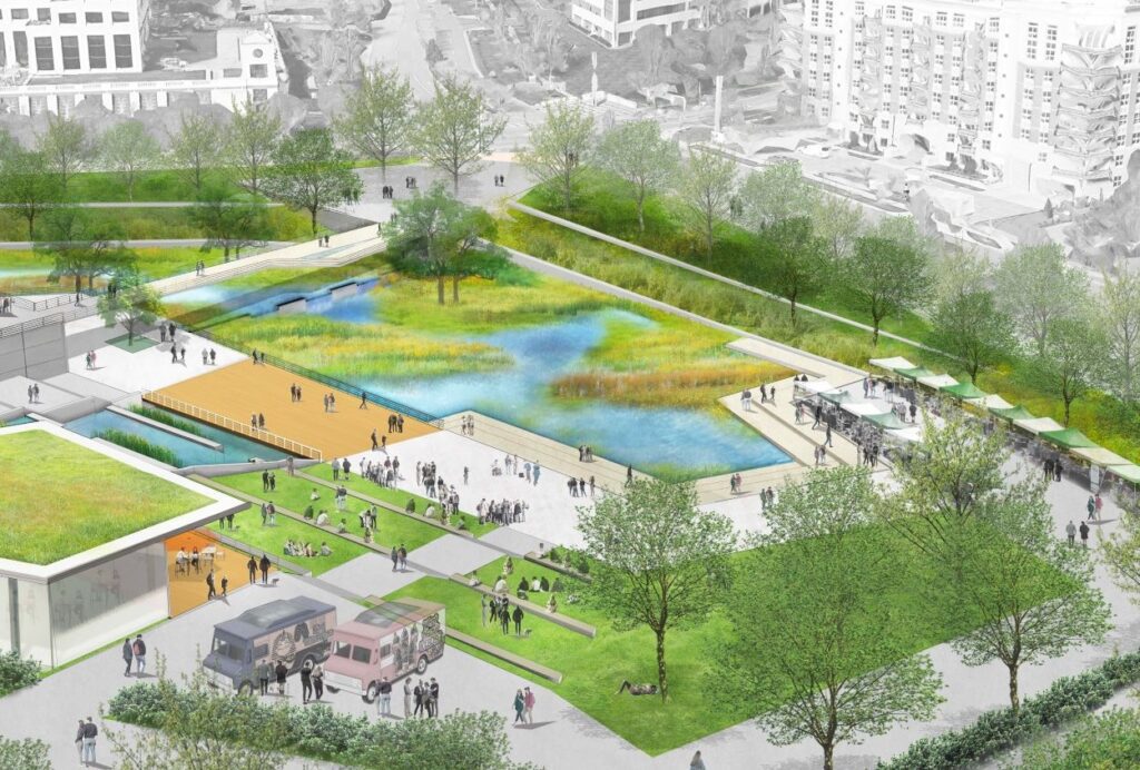 A rendering of a reimagined Symphony Park behind SouthPark Mall in Charlotte.