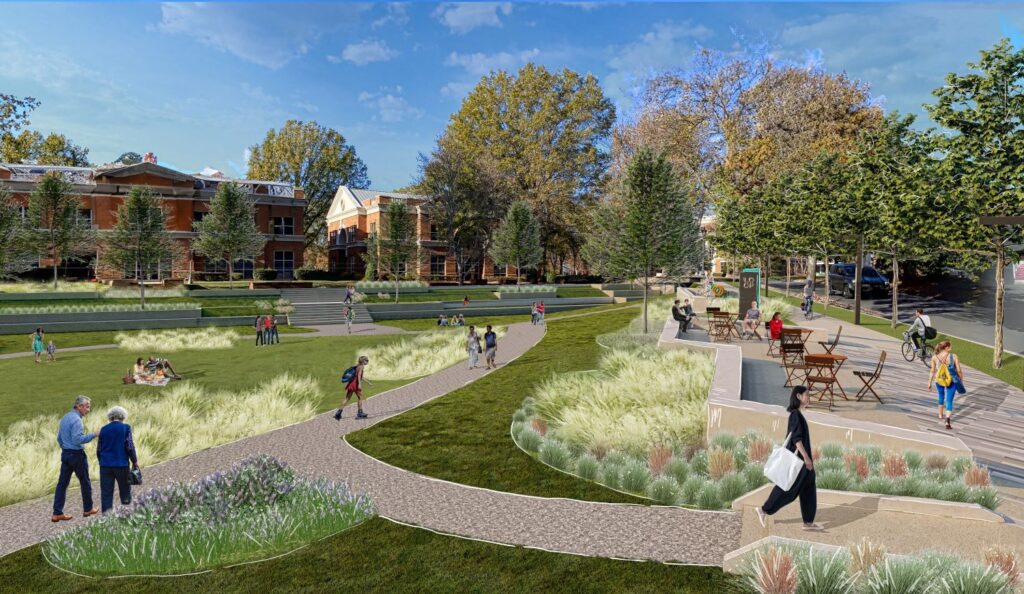 The rendering of a park and community space outside SouthPark Regional Library, part of the SouthPark Forward 2035 Vision Plan. 