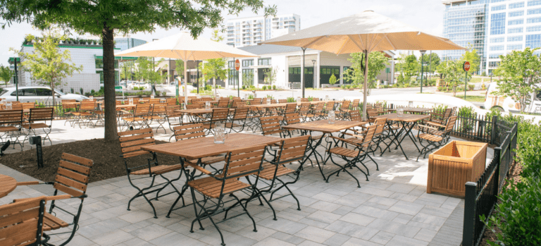 The patio at Olde Mecklenburg Brewery at The Bowl in Ballantyne