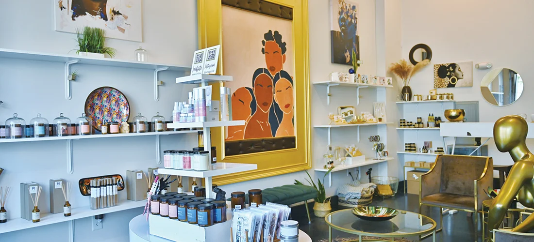 The shop interior of Brown Sugar Collab, which sells jewelry, candles, personal-care products and more