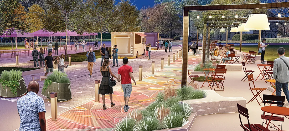 A rendering depicting a gathering space along Carnegie Boulevard in SouthPark