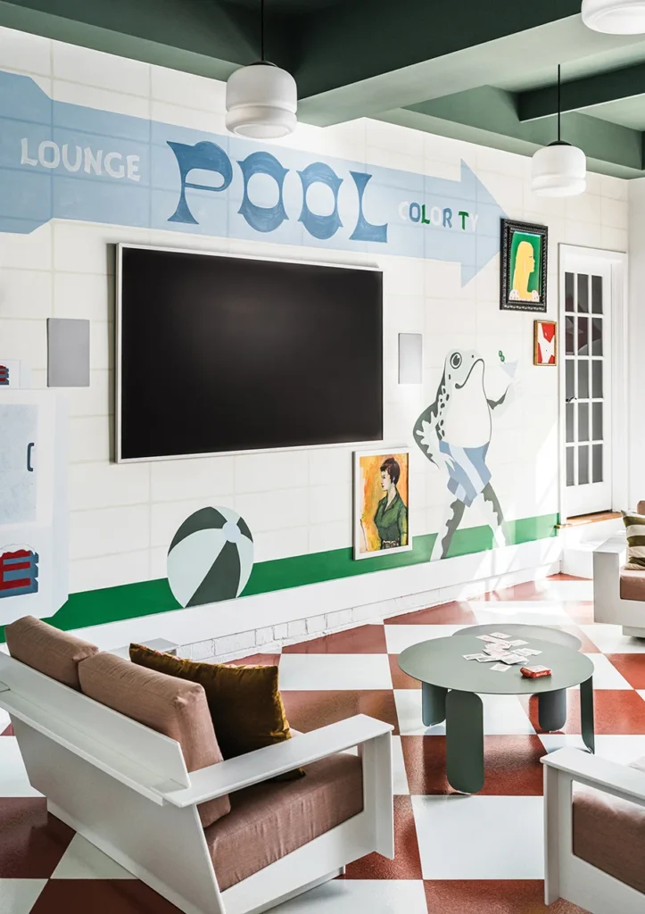 Pool house tv wall with mural