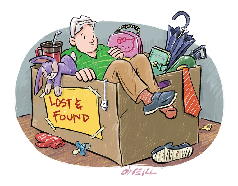 Simple Life illustration of Jim Dodson in Lost & Found box by Gerry ONeill