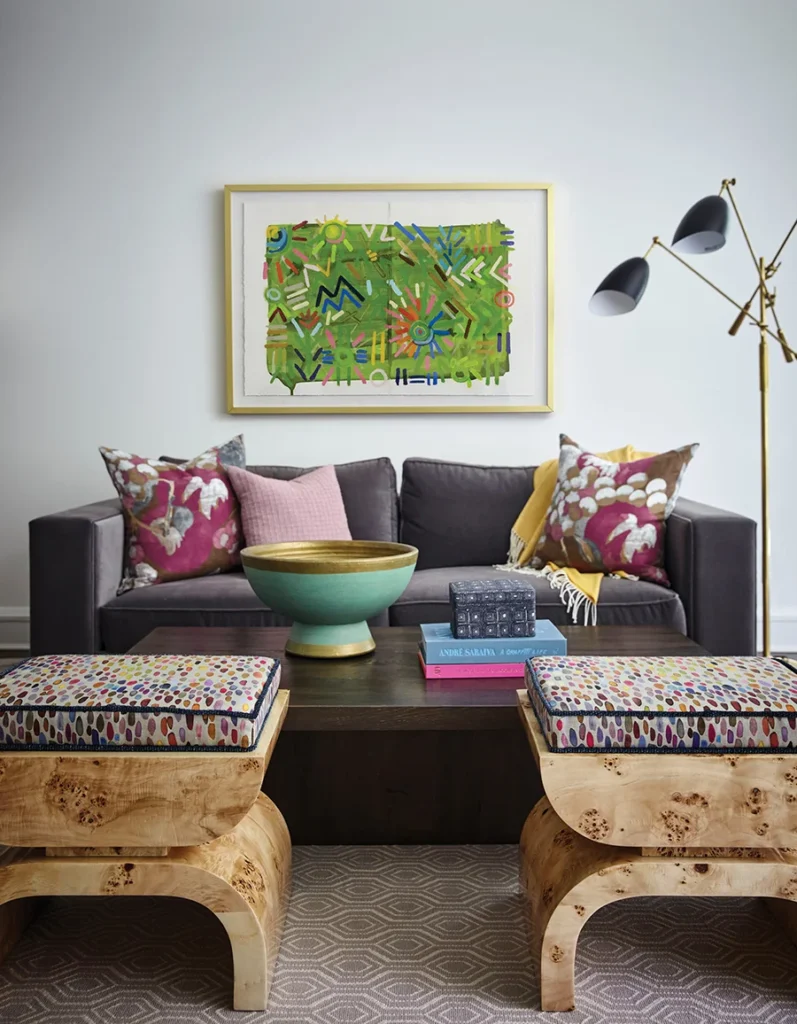 Den with Colleen Leach painting sourced from Shain Gallery in Carmel Estates neighborhood, designed by Erin Dougherty.