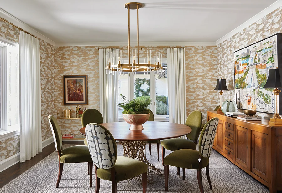 Restoration Hardware chandelier hangs in dining room in Carmel Estates neighborhood, designed by Erin Dougherty.