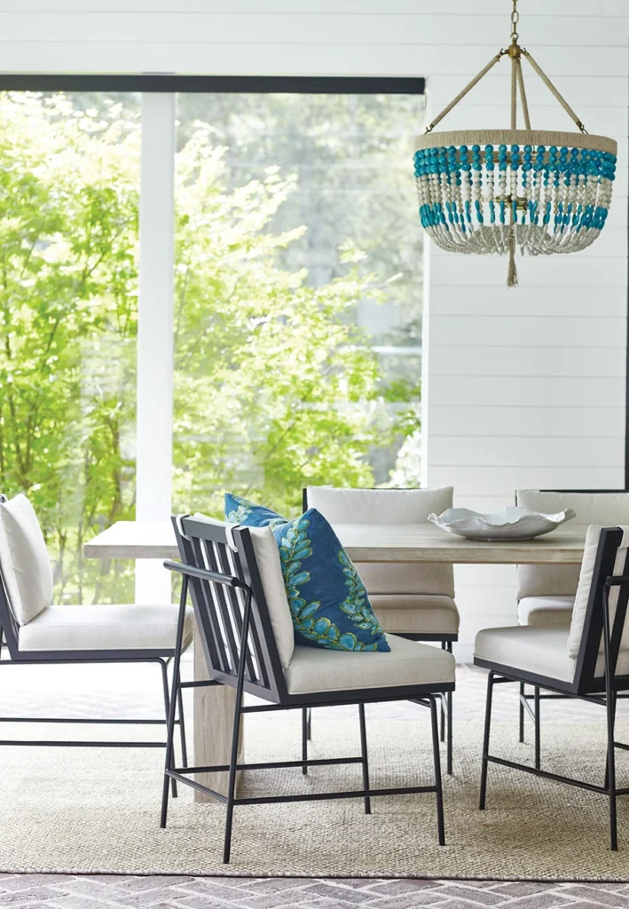 Beaded Ro Sham Beaux chandelier in sunroom in Carmel Estates neighborhood, designed by Erin Dougherty.